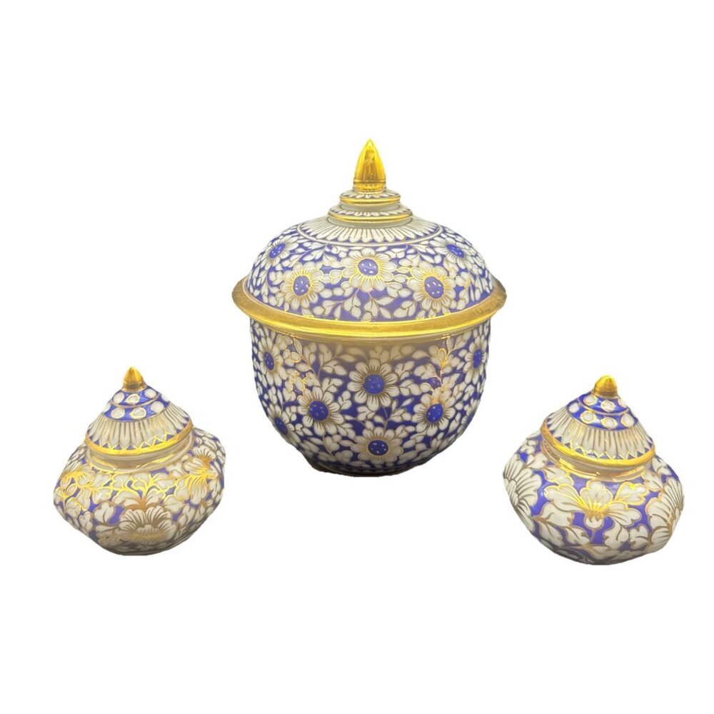 Narai Phand Thai Hand Painted Blue & White w/ Gold Floral Porcelain Jar Set Of 3